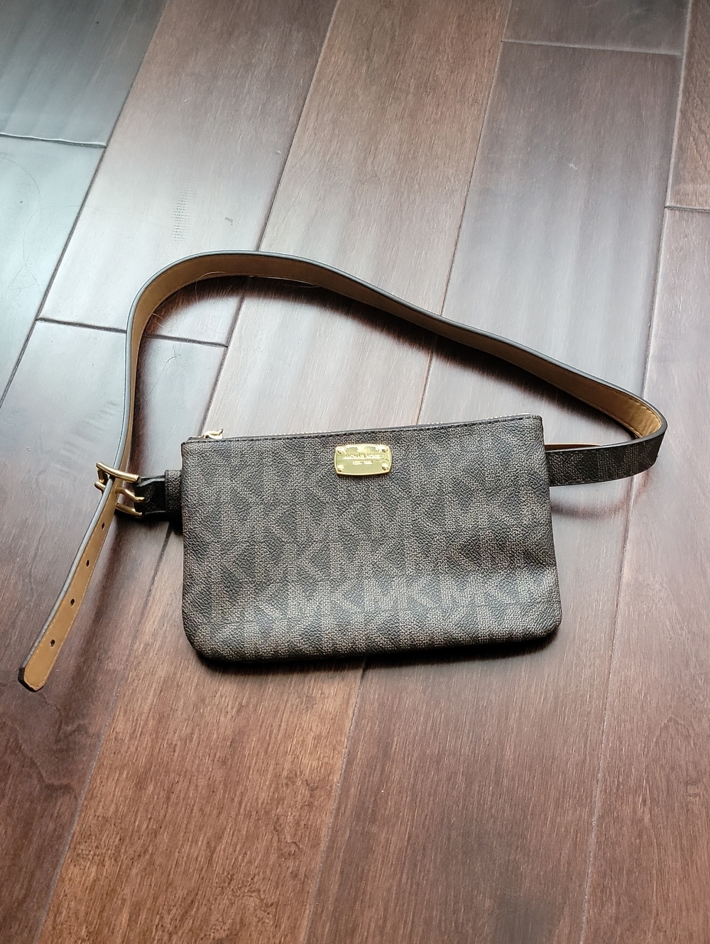 Michael Kors Dark Brown MK Monogram Belt Pouch with Gold Plate